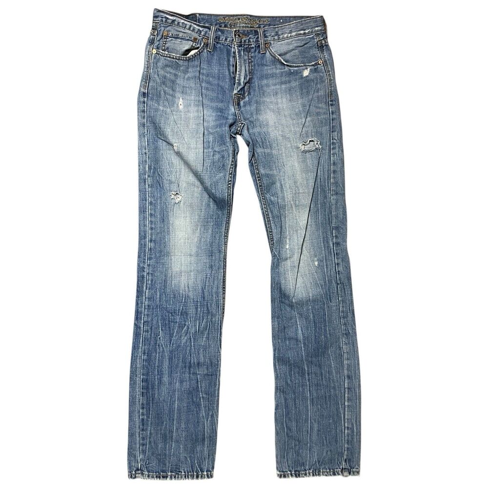 American Eagle Jeans Mens 32x35 Blue Straight Leg Light Wash Denim Distressed‎
